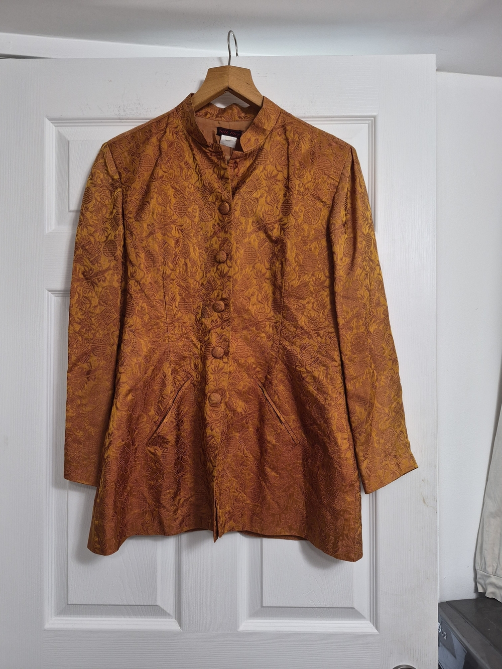 Women's Orange Brocade Mandarin Collar Qipao Trench Coat 100% Silk